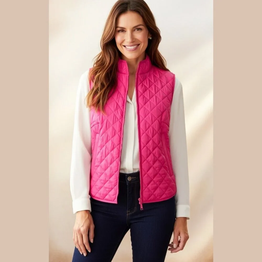 Karen Scott Sport Pink Quilted Puffer Vest Size Large L Athleisure Full Zip - Picture 13 of 15